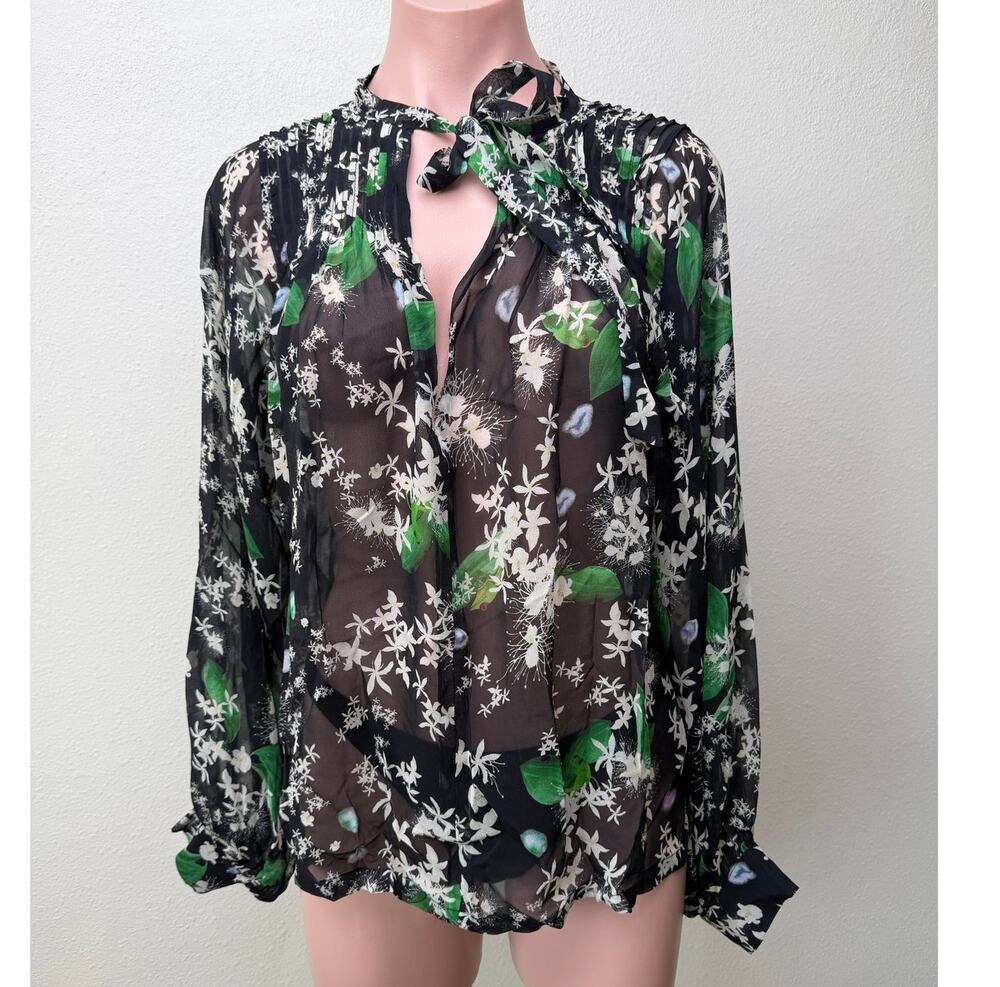 Isolda Silk Floral Tie Neck Sheer Blouse Black Green Women's US M